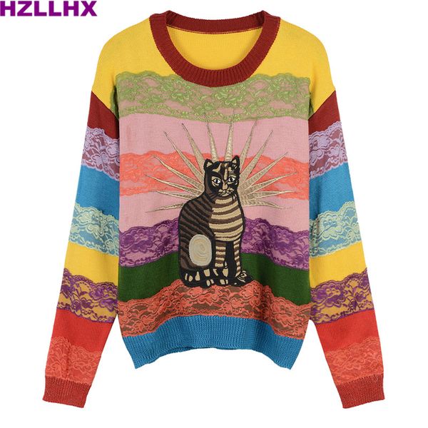 hzllhx women cute rainbow stripes sweater fall winter sweet cat embroidery lace stripes ladies chic pullovers knitted news, White;black
hzllhx women cute rainbow stripes sweater fall winter sweet cat embroidery lace stripes ladies chic pullovers knitted news, White;black