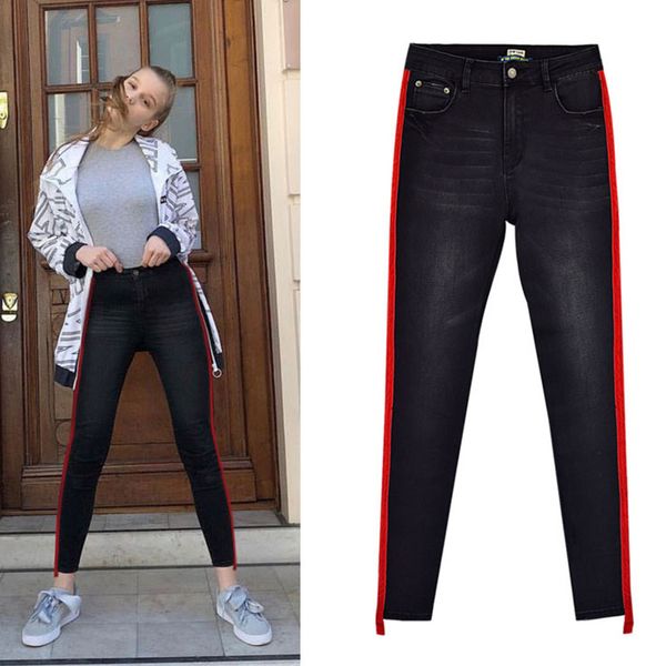 women's high waist stretch two side stitching big red patch black jeans irregular pencil pants, Blue
women's high waist stretch two side stitching big red patch black jeans irregular pencil pants, Blue