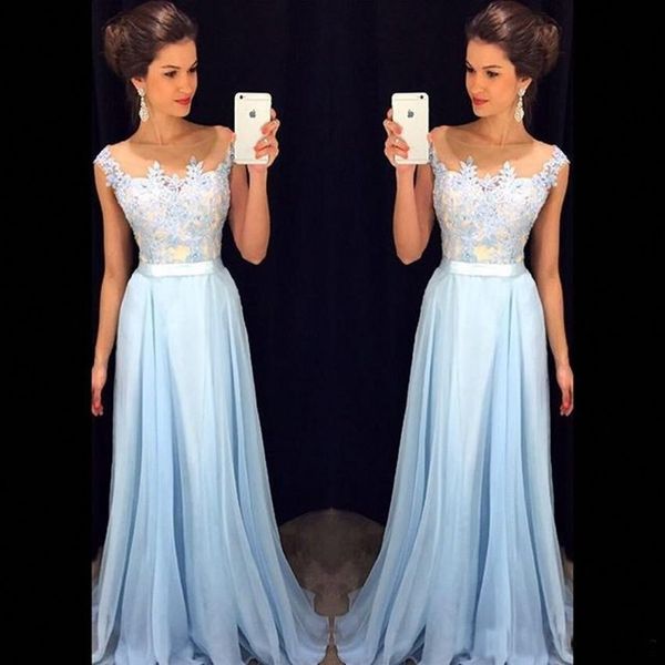 Light Sky Blue Prom Dresses Sheer Neck Cap Sleeves Appliqued Chiffon Floor Length Formal Dresses Modest Evening Gowns Zipper Up
Light Sky Blue Prom Dresses Sheer Neck Cap Sleeves Appliqued Chiffon Floor Length Formal Dresses Modest Evening Gowns Zipper Up