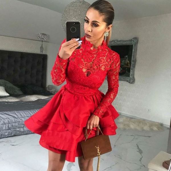red lace tiered homecoming dress high neck long sleeves lace appliques satin mini party gown cocktail dress short 2018 prom dresses, Black
red lace tiered homecoming dress high neck long sleeves lace appliques satin mini party gown cocktail dress short 2018 prom dresses, Black