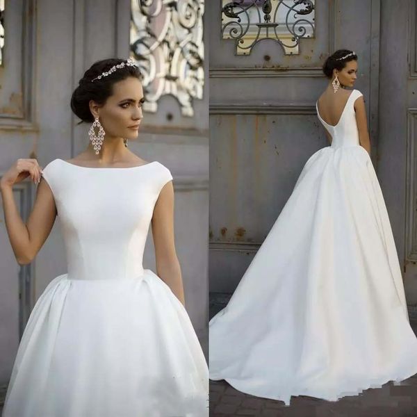 satin a line wedding dresses 2020 jewel neck cap sleeves sweep train backless custom wedding bridal gowns, White
satin a line wedding dresses 2020 jewel neck cap sleeves sweep train backless custom wedding bridal gowns, White