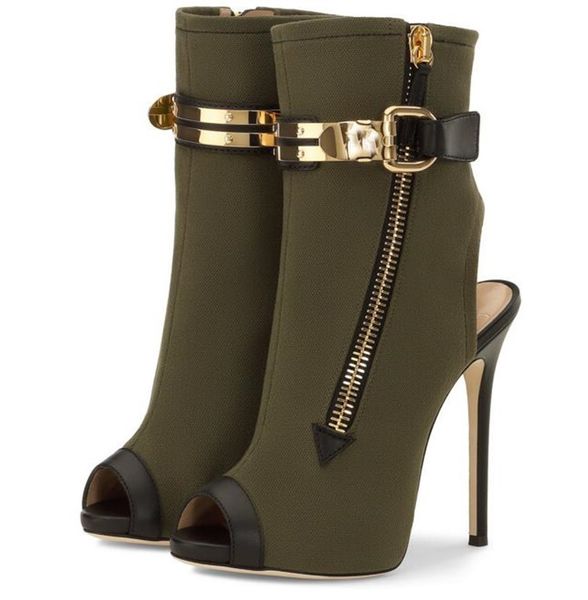 Army Green Ankle Boots Peep Toe Gold Zipper Buckle Strap Shoes Slingback Canvas High Heel Boots Sheepskin Lining
Army Green Ankle Boots Peep Toe Gold Zipper Buckle Strap Shoes Slingback Canvas High Heel Boots Sheepskin Lining