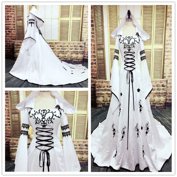 2019 gothic wedding dress black and white muslim dresses with hat exquisite embroidery lace appliques bridal gowns custom made bell sleeves
2019 gothic wedding dress black and white muslim dresses with hat exquisite embroidery lace appliques bridal gowns custom made bell sleeves
