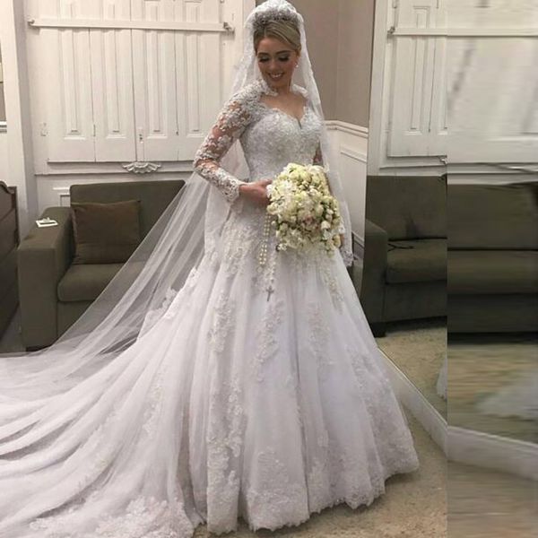 vintage lace tulle long sleeve a-line wedding dresses unique high neck beads sequins appliques modest bridal gowns with train high quality, White
vintage lace tulle long sleeve a-line wedding dresses unique high neck beads sequins appliques modest bridal gowns with train high quality, White
