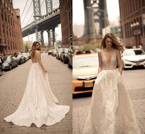 charming ivory plunging v neck backless a line wedding dresses 2019 berta long sweep train lace sequined appliques wedding bridal gown, White
charming ivory plunging v neck backless a line wedding dresses 2019 berta long sweep train lace sequined appliques wedding bridal gown, White