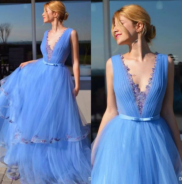 2019 cinderella beaded blue prom dresses v neck tiered evening gowns a line vestidos de fiesta sweep train tulle pleated formal dress, Black 
2019 cinderella beaded blue prom dresses v neck tiered evening gowns a line vestidos de fiesta sweep train tulle pleated formal dress, Black
