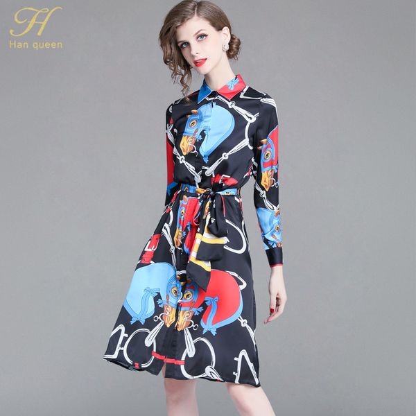 

h han queen 2018 autumn runway bow jacquard dresses floral print boho beach dress tunic women party sundress vestidos, White;black