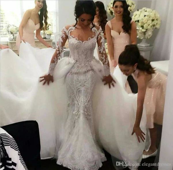 2017 full lace retro wedding dresses with detachable tulle overskirt jewel neck sheer long sleeves pearls embroidery elegant bridal gowns, White
2017 full lace retro wedding dresses with detachable tulle overskirt jewel neck sheer long sleeves pearls embroidery elegant bridal gowns, White