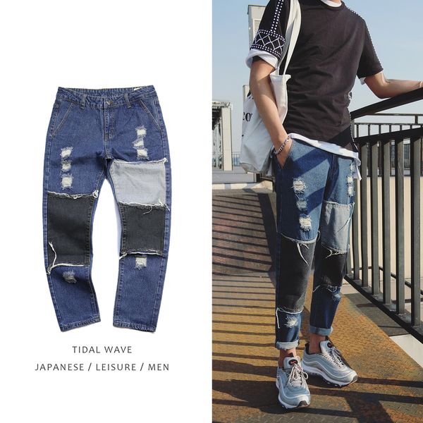 2018 spring korean men's holes patch classic trousers blue brand jeans fashion stretch slim fit homme biker denim pants 28-34
2018 spring korean men's holes patch classic trousers blue brand jeans fashion stretch slim fit homme biker denim pants 28-34