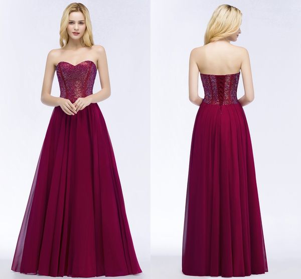 2020 new burgundy a line glitz sweetheart evening prom dresses lace-up backless long chiffon bridesmaids dress cps883, Black;red
2020 new burgundy a line glitz sweetheart evening prom dresses lace-up backless long chiffon bridesmaids dress cps883, Black;red