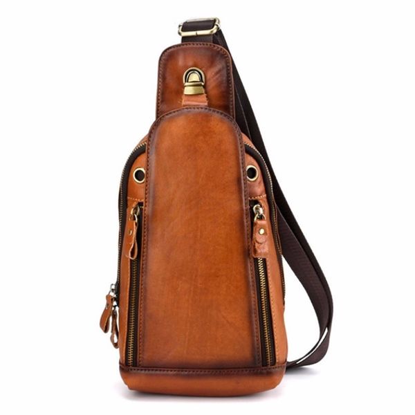 

men first layer cowhide genuine leather chest sling bag satchel cross body shoulder messenger pack vintage hiking travel camping