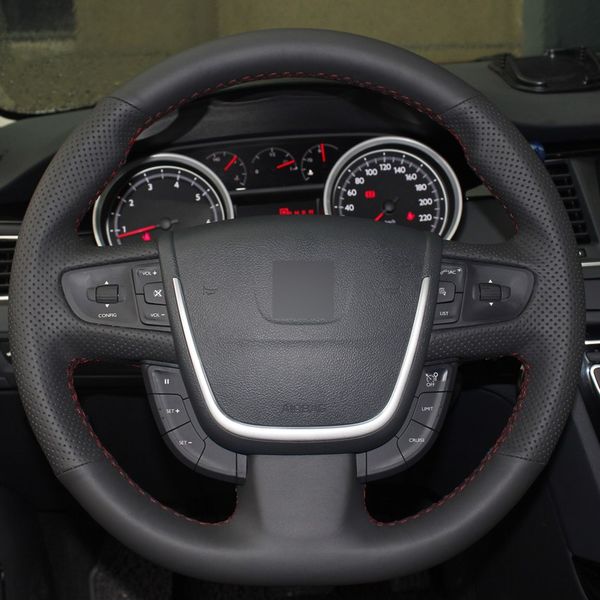 black leather hand-stitched car steering wheel cover for peugeot 508 
black leather hand-stitched car steering wheel cover for peugeot 508