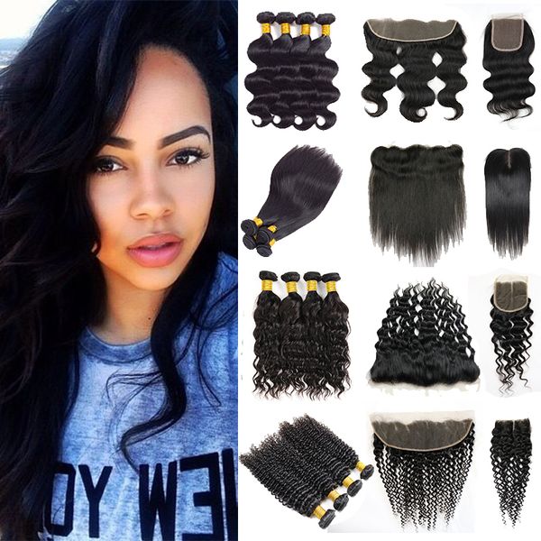 

8a brazilian virgin hair bundles with closure straight kinky curly water body deep wave weaves with frontal peruvian indian cambodian hair, Black