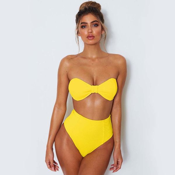 women bright candy color bikini strapless high waist two pieces beach party swimwear, White;black
women bright candy color bikini strapless high waist two pieces beach party swimwear, White;black