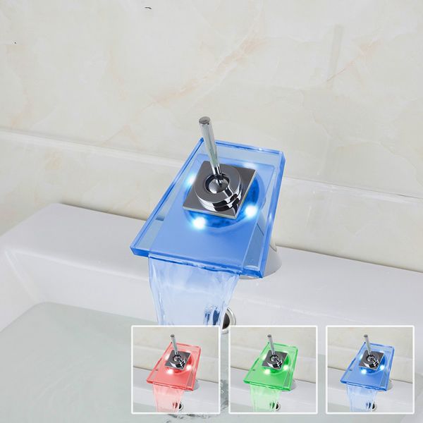 

New Waterfall Bathroom Basin Faucet LED Color Changing Glass Single Handle Hole Tap Chrome Bathroom Faucets