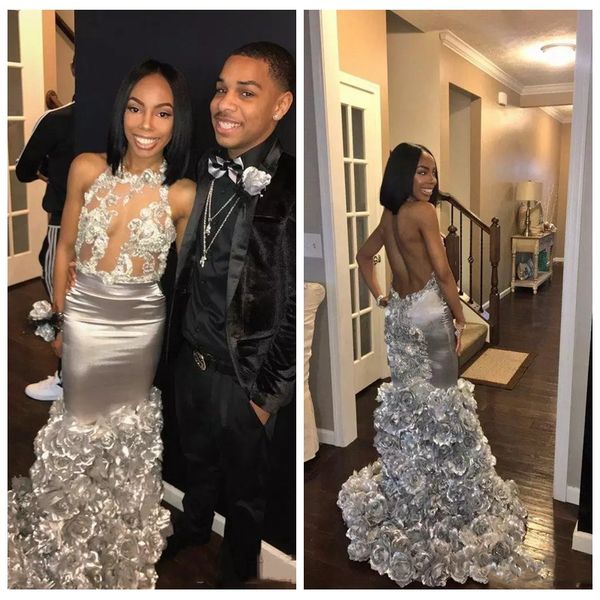 2019 amazing slim mermaid prom dresses halter silver evening gowns with hand made flowers adorned beads backless special occasion party gown, Black
2019 amazing slim mermaid prom dresses halter silver evening gowns with hand made flowers adorned beads backless special occasion party gown, Black