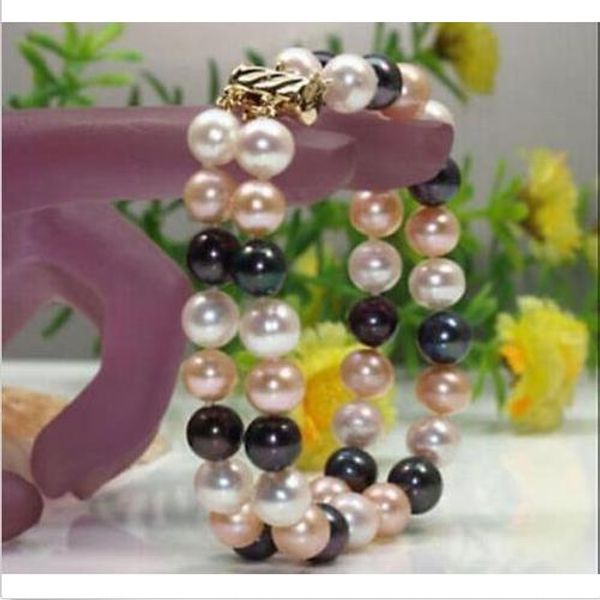 

2 rows beautiful 9-10mm sea white pink black south pearl bracelet 14k gold clasp