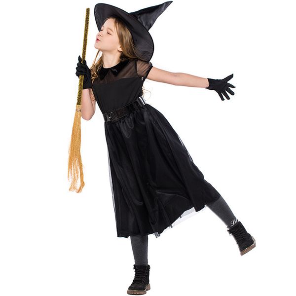 

new arrival halloween party children kids cosplay witch costume for girls carnival black costume witch dress with hat and belt, Black;red