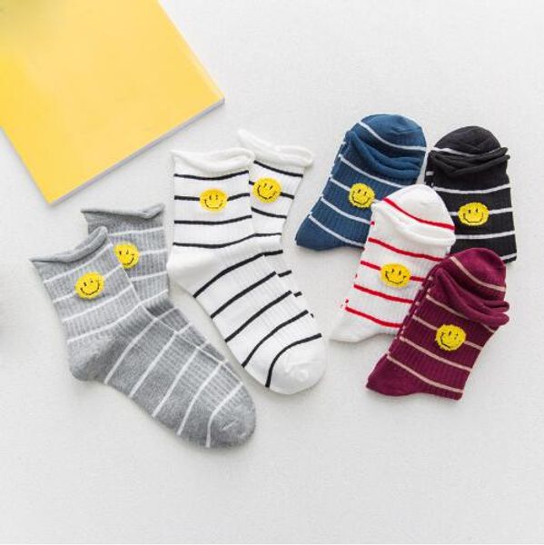 

women lovers socks cartoon cotton smile face stripe ssocks art school wind calcetines harajuku socks 5 colors sock, Pink;yellow