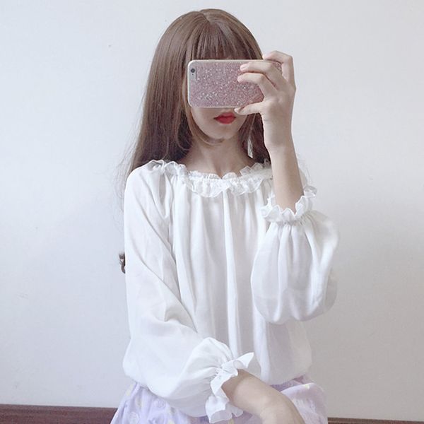 2018 new japanese lolita basic models feminine blouse loose wild lace lantern sleeves long sleeve chiffon shirt women, White
2018 new japanese lolita basic models feminine blouse loose wild lace lantern sleeves long sleeve chiffon shirt women, White
