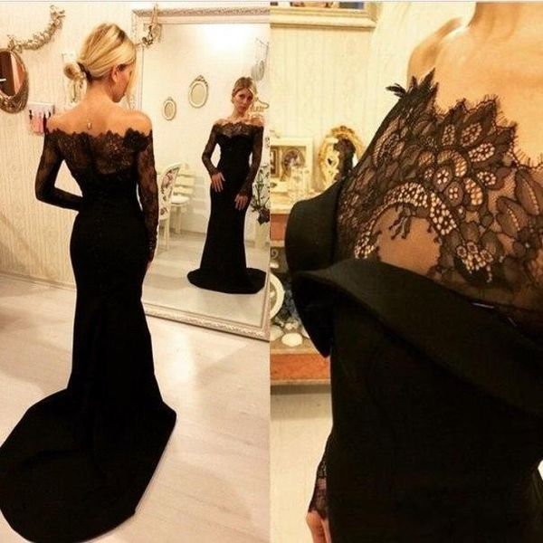off the shoulder long sleeve dresses evening wear mermaid court train black lace and satin formal prom gowns, Black;red
off the shoulder long sleeve dresses evening wear mermaid court train black lace and satin formal prom gowns, Black;red