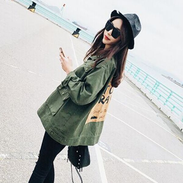 2017 new women sping autumn jacket high street letter print loose casual jacket fashion wild army green g216, Black;brown
2017 new women sping autumn jacket high street letter print loose casual jacket fashion wild army green g216, Black;brown