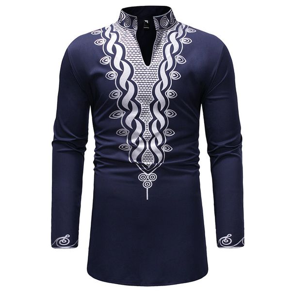 

african dashiki longline shirt men 2018 traditional ethnic print stand collar long sleeve dress shirt mens streetwear shirts 3xl, White;black