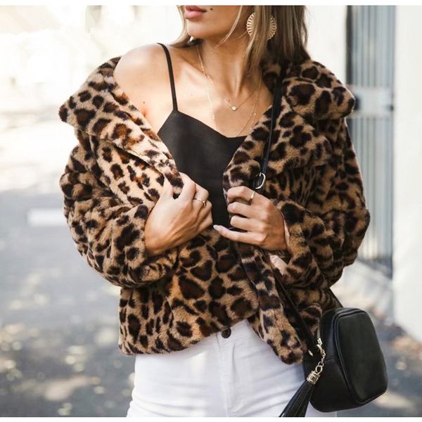 

fashion warm faux fur women coats leopard print winter jacket coat female outerwear fluffy furry overcoats, Black