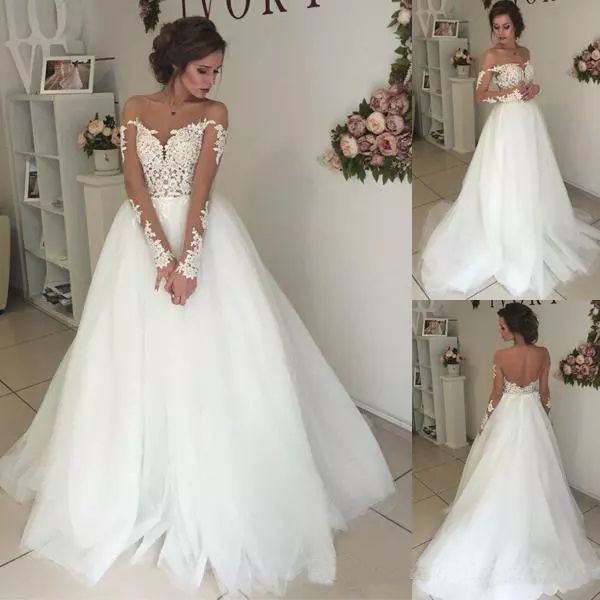custom long sleeves lace wedding dresses 2019 with appliqued illusion bodice tulle backless sweep train a line birdal gowns, White
custom long sleeves lace wedding dresses 2019 with appliqued illusion bodice tulle backless sweep train a line birdal gowns, White
