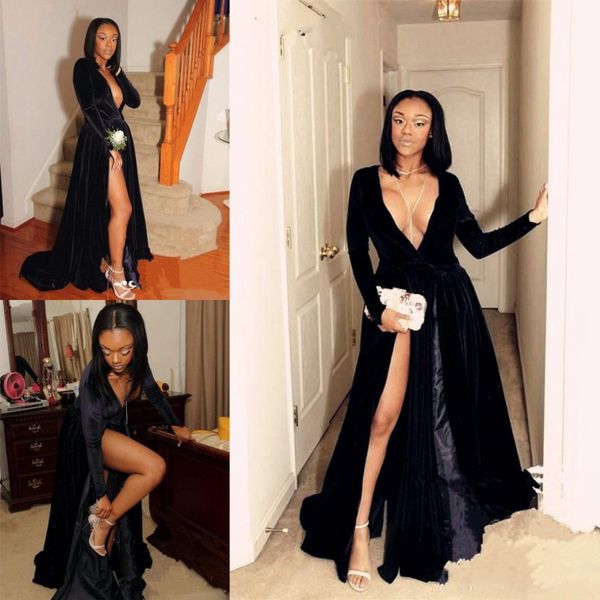 deep v neck evening gowns black long sleeves high split african prom dresses custom made cocktail formal party dress
deep v neck evening gowns black long sleeves high split african prom dresses custom made cocktail formal party dress