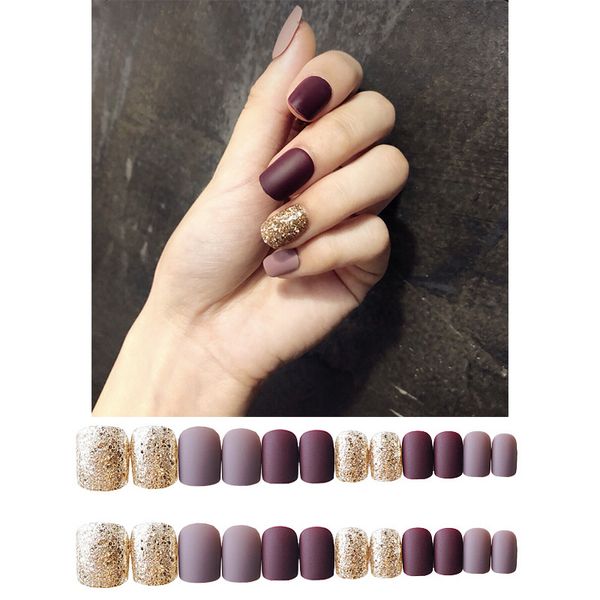 24pcs/set fashion purple grey matte false nails short design pre-finished handmade gold glitter fake nail art tips with glue, Red;gold
24pcs/set fashion purple grey matte false nails short design pre-finished handmade gold glitter fake nail art tips with glue, Red;gold