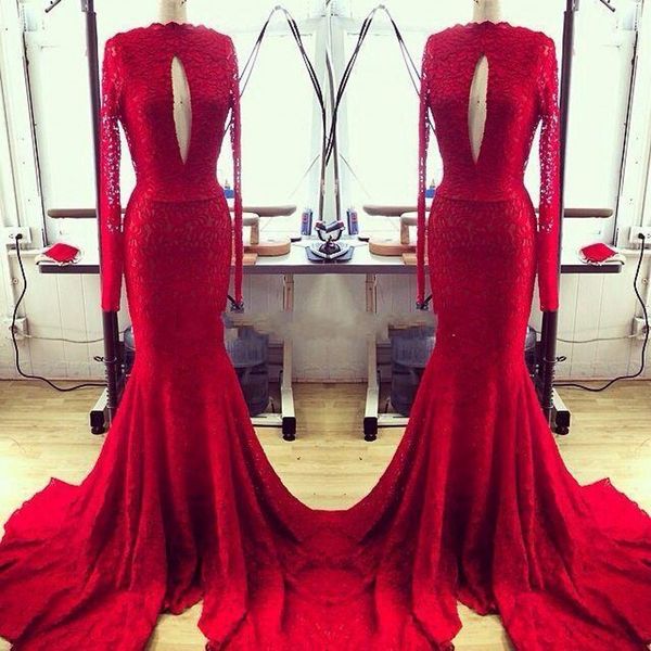 high neck flowy sweep train red lace front key hole mermaid trumpet evening prom dresses with long sleeves, Black;red
high neck flowy sweep train red lace front key hole mermaid trumpet evening prom dresses with long sleeves, Black;red
