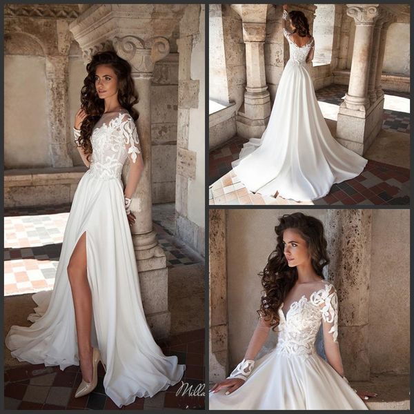 2019 new vintage wedding dresses sheer neck long sleeve side split wedding gowns sweep train milla nova long chiffon bridal dress, White
2019 new vintage wedding dresses sheer neck long sleeve side split wedding gowns sweep train milla nova long chiffon bridal dress, White