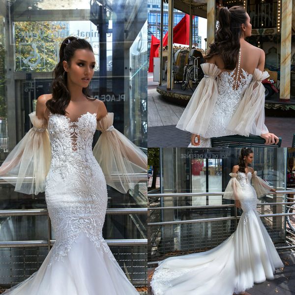 2019 mermaid wedding dresses sheer jewel neck applique sweep train boho lace wedding dress detachable sleeve country bridal gowns plus size, White
2019 mermaid wedding dresses sheer jewel neck applique sweep train boho lace wedding dress detachable sleeve country bridal gowns plus size, White