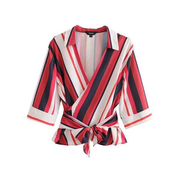 women elegant striped wrap blouse v neck bow tie sashes half sleeve turn down collar shirt ladies casual blusas, White
women elegant striped wrap blouse v neck bow tie sashes half sleeve turn down collar shirt ladies casual blusas, White
