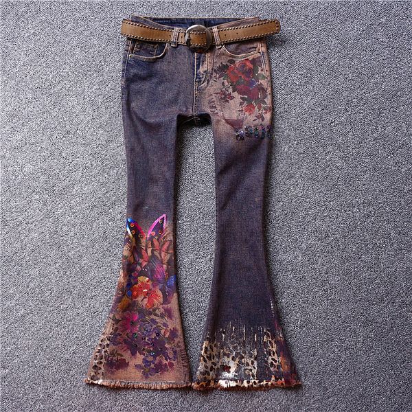 european station 2018 autumn and winter new printing edging stamping jeans heavy work sequins leopard thin slim flared pants, Blue
european station 2018 autumn and winter new printing edging stamping jeans heavy work sequins leopard thin slim flared pants, Blue