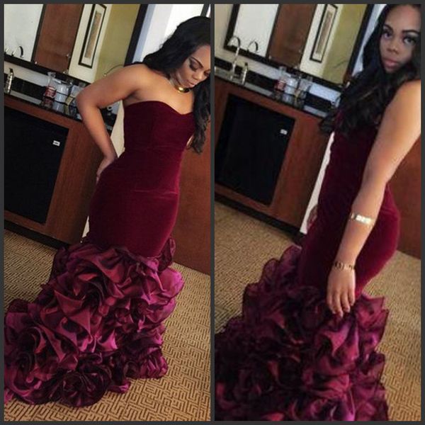 sweetheart velvet ruffled train mermaid prom dresses burgundy evening gown, Black;red
sweetheart velvet ruffled train mermaid prom dresses burgundy evening gown, Black;red