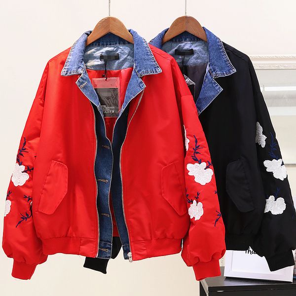 2018 spring autumn women loose jeans stitching faux 2 pieces embroidery floral baseball jackets sequins black red denim coat, Black;brown
2018 spring autumn women loose jeans stitching faux 2 pieces embroidery floral baseball jackets sequins black red denim coat, Black;brown