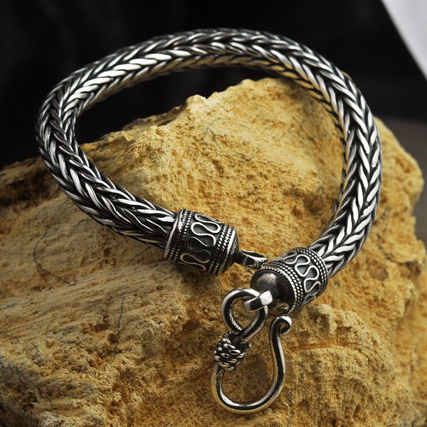 

vintage thai silver handmade braided chain bracelet for men 925 sterling silver personalized bracelet punk rock style, Black