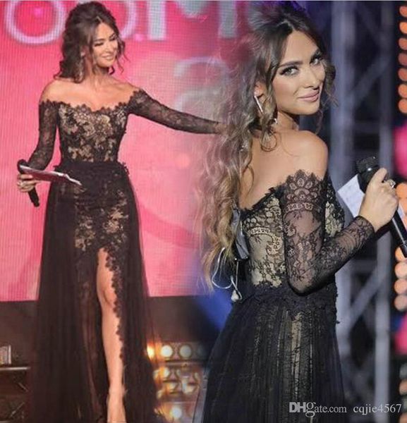 2018 Stylish Arabic Black Lace Evening Dresses Off-shoulder Long Sleeves Side Split with Tulle Overskirt Formal Gowns Elie Saab Prom Dresses
2018 Stylish Arabic Black Lace Evening Dresses Off-shoulder Long Sleeves Side Split with Tulle Overskirt Formal Gowns Elie Saab Prom Dresses
