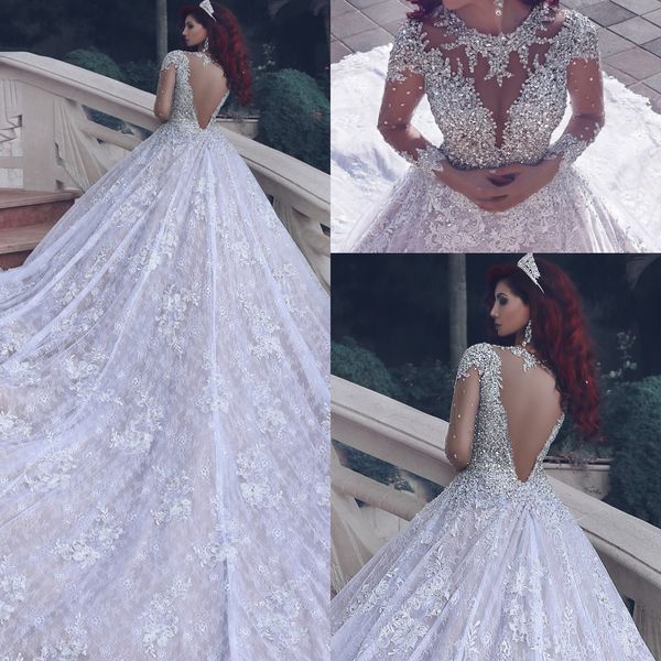 new luxury beads jewel collar crystals wedding dresses long sleeves illusion back lace applique chapel train wedding dress bridal gowns, White
new luxury beads jewel collar crystals wedding dresses long sleeves illusion back lace applique chapel train wedding dress bridal gowns, White