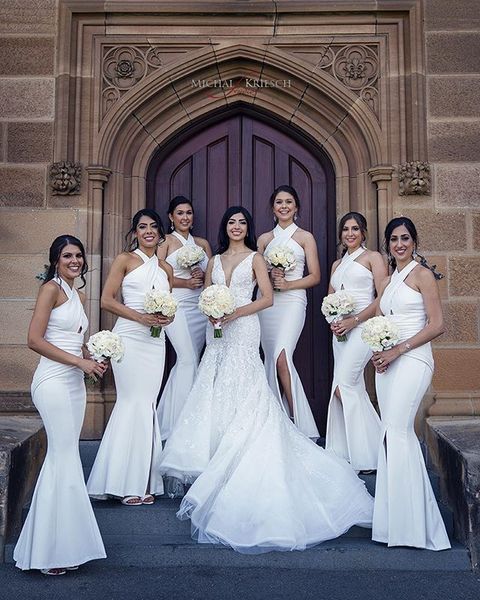 halter white wedding party dresses mermaid pleats elegant bridesmaid dresses long leg slit evening dress gowns, White;pink
halter white wedding party dresses mermaid pleats elegant bridesmaid dresses long leg slit evening dress gowns, White;pink