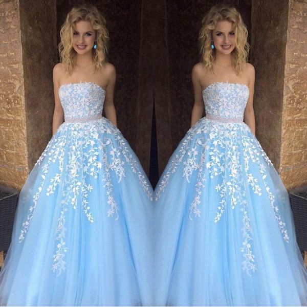 sky blue lace evening dresses a-line princess strapless appliqued tulle long prom dresses fashion sleeveless floor length party dress, Black
sky blue lace evening dresses a-line princess strapless appliqued tulle long prom dresses fashion sleeveless floor length party dress, Black