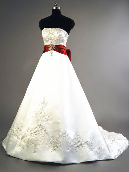 2019 luxury design embroidery wedding dresses strapless red bow belt long a line satin bridal gowns custom made, White
2019 luxury design embroidery wedding dresses strapless red bow belt long a line satin bridal gowns custom made, White