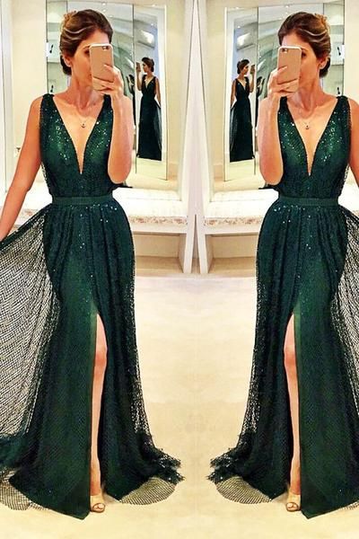 sequin sleeveless v-neck dark green prom dress front split long evening dress formal party gowns vestido de festa longo, Black
sequin sleeveless v-neck dark green prom dress front split long evening dress formal party gowns vestido de festa longo, Black