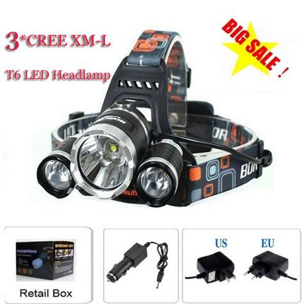 

3t6 headlamp 6000 lumens 3 x cree xm-l t6 head lamp high power led headlamp head torch lamp flashlight head +charger+car charger ship