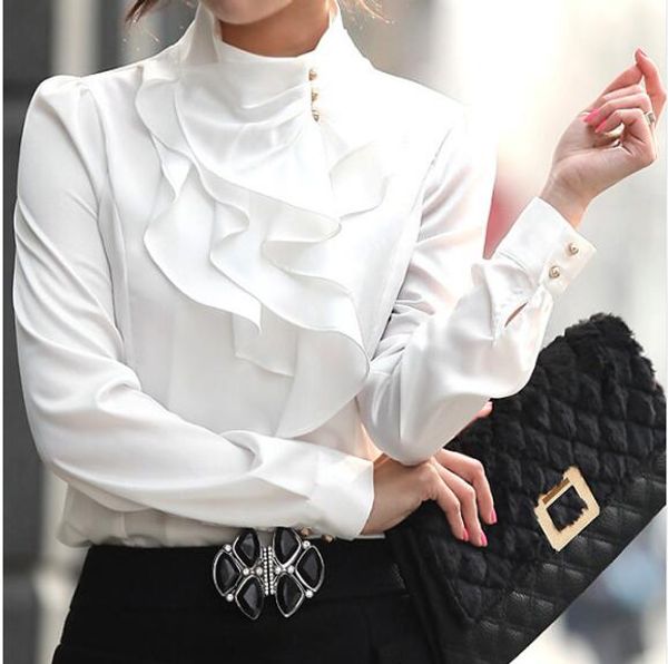 summer women blouse fashion stand collar temperament office formal elegant ruffles puff long sleeves female blouses, White
summer women blouse fashion stand collar temperament office formal elegant ruffles puff long sleeves female blouses, White
