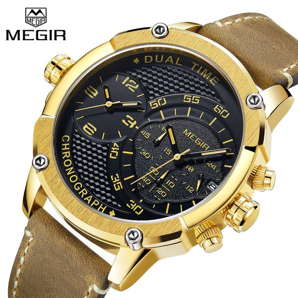

megir new mens watches fashion sport quartz-watch leather clock men dual time zone wristwatch relogio masculino, Slivery;brown
