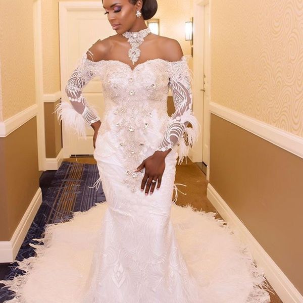 dubai luxury feather wedding dress beaded high neck long sleeves applique lace bridal dress crystal backless mermaid wedding gowns, White
dubai luxury feather wedding dress beaded high neck long sleeves applique lace bridal dress crystal backless mermaid wedding gowns, White