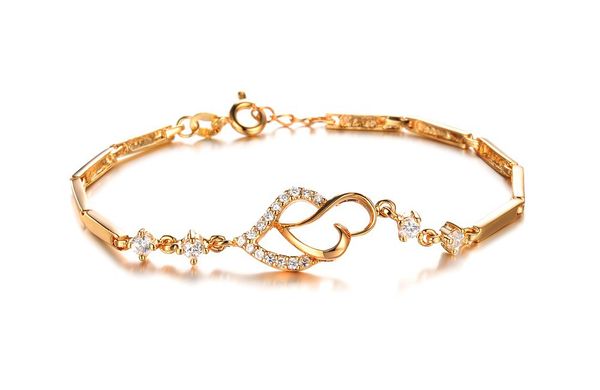 luxury gold color bracelet classic double heart chain inlaid cubic zircon women jewelry, Black
luxury gold color bracelet classic double heart chain inlaid cubic zircon women jewelry, Black